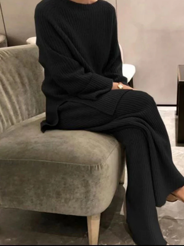 Urban Loose Solid Round-Neck Split-Side Sweater& Wide Leg Pants Suits - Image 4