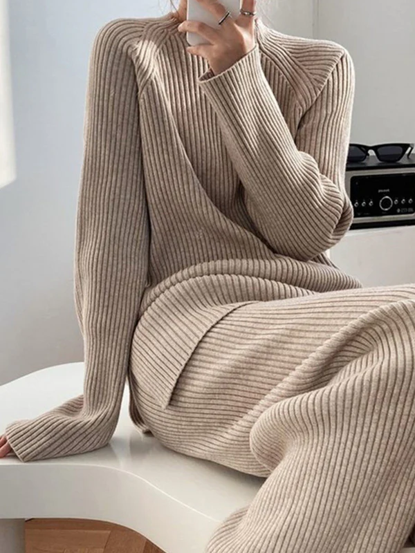 Urban Loose Solid Round-Neck Split-Side Sweater& Wide Leg Pants Suits - Image 5