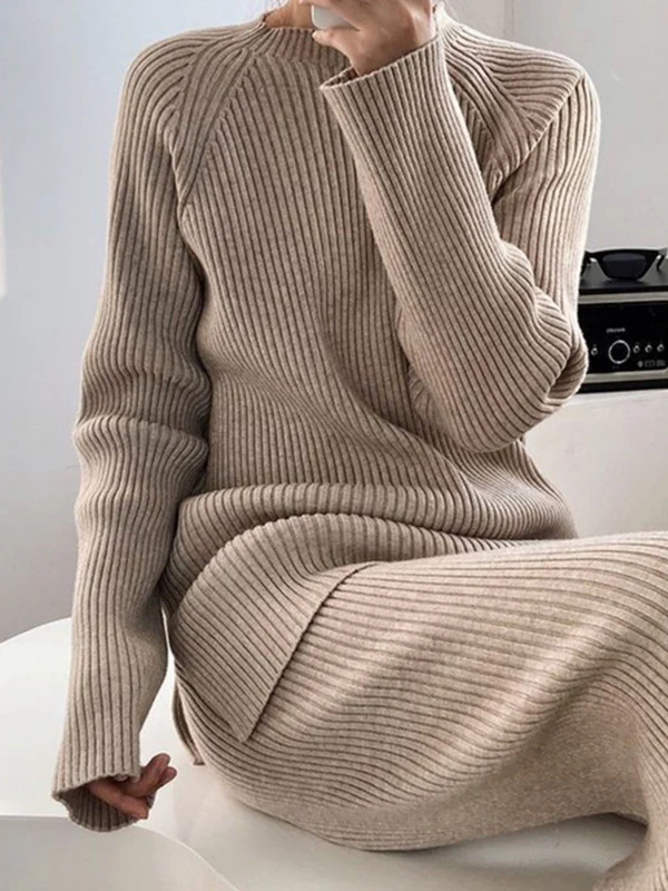 Urban Loose Solid Round-Neck Split-Side Sweater& Wide Leg Pants Suits - Image 6