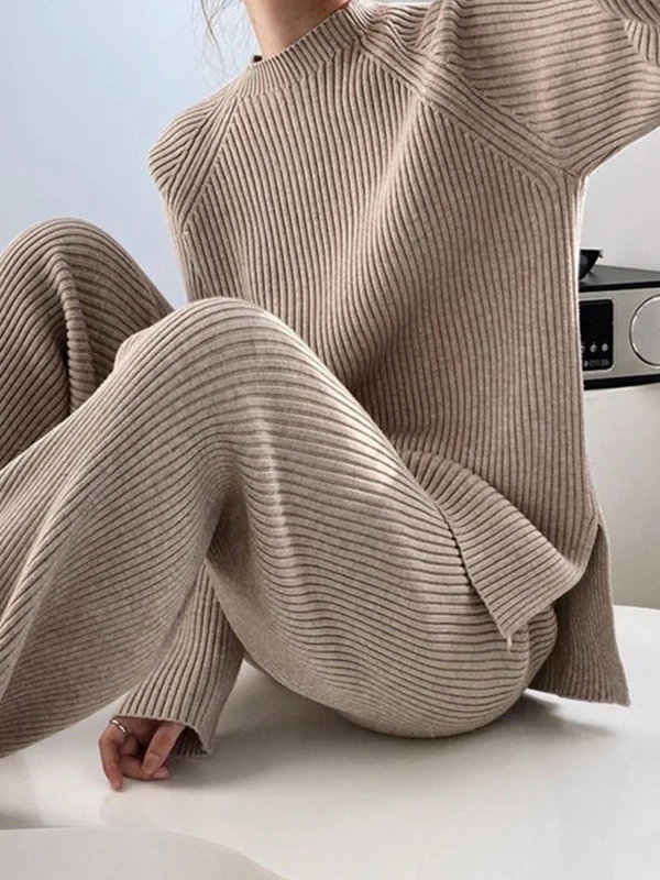 Urban Loose Solid Round-Neck Split-Side Sweater& Wide Leg Pants Suits - Image 7