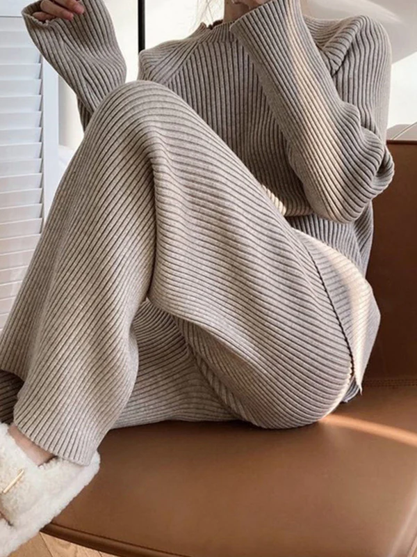 Urban Loose Solid Round-Neck Split-Side Sweater& Wide Leg Pants Suits - Image 8