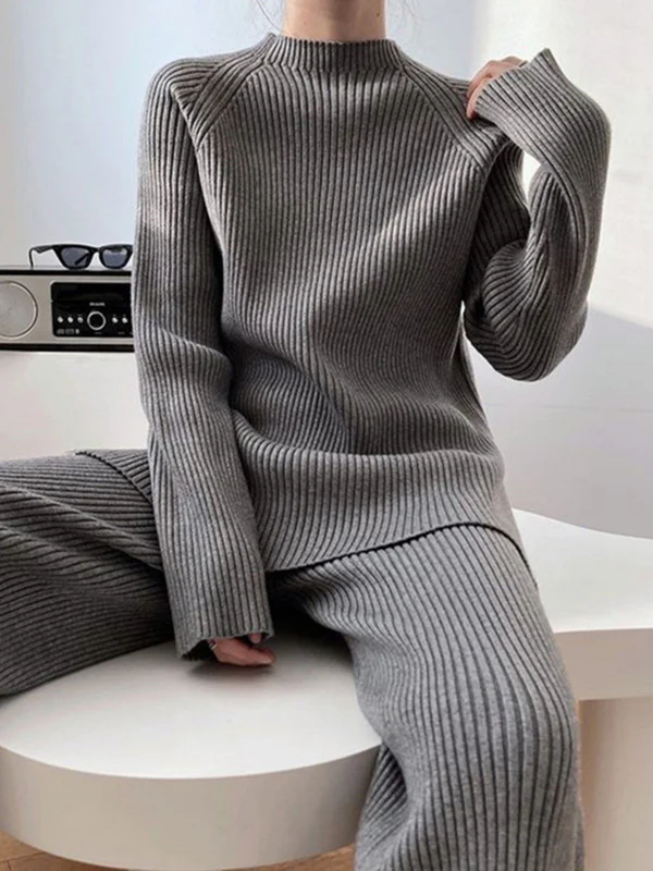 Urban Loose Solid Round-Neck Split-Side Sweater& Wide Leg Pants Suits - Image 9
