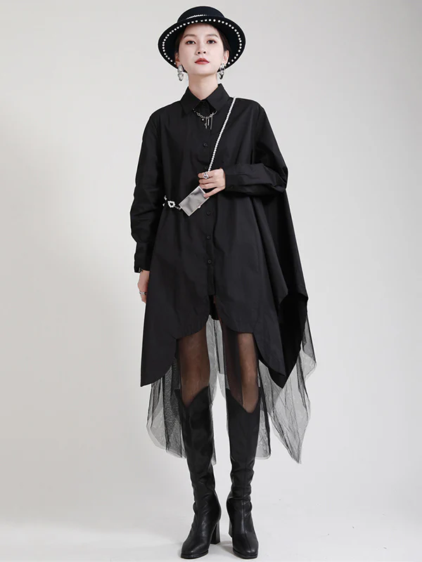Urban Loose Split-Joint Lapel Long Sleeves Midi Dress - Image 4