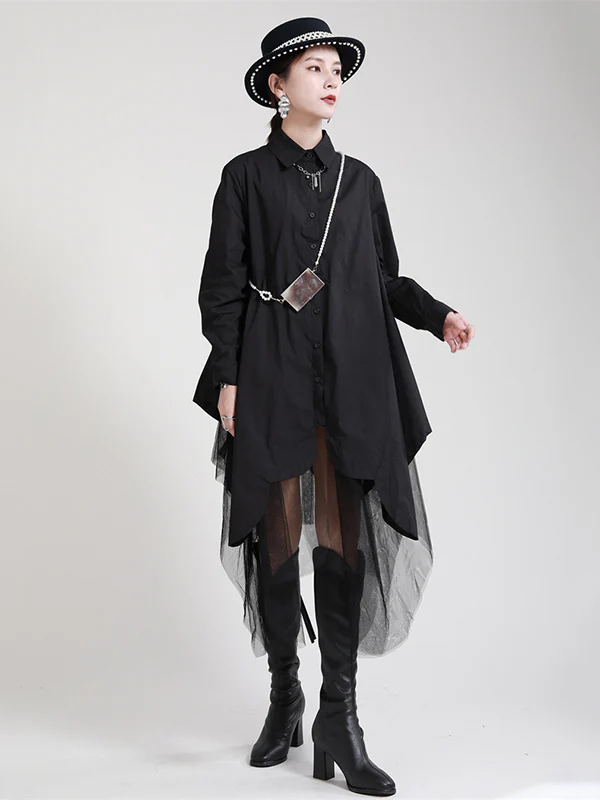 Urban Loose Split-Joint Lapel Long Sleeves Midi Dress - Image 5