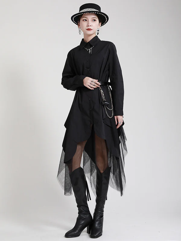 Urban Loose Split-Joint Lapel Long Sleeves Midi Dress - Image 6