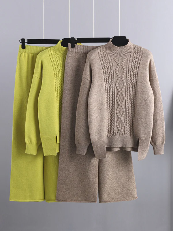Urban Loose Split-Side Half Turtleneck Sweater Tops& Wide Leg Pants Two Pieces Set - Image 2