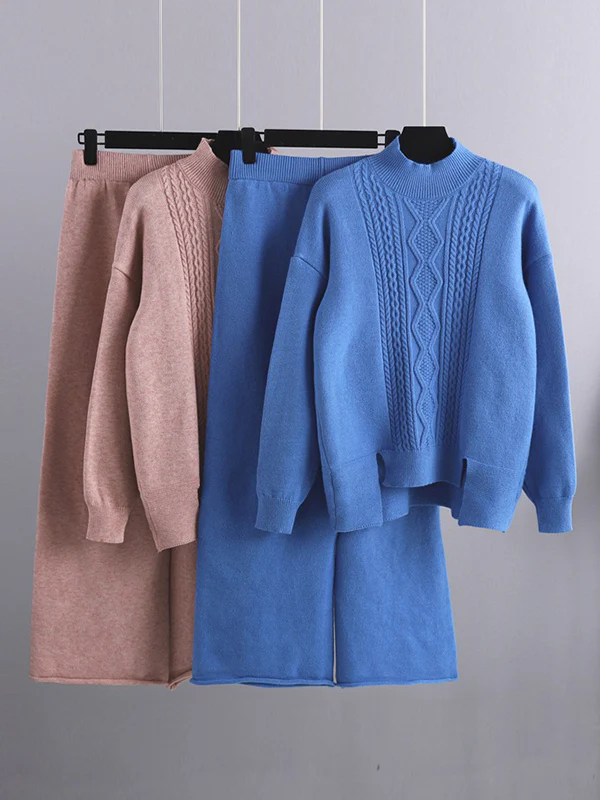 Urban Loose Split-Side Half Turtleneck Sweater Tops& Wide Leg Pants Two Pieces Set - Image 3