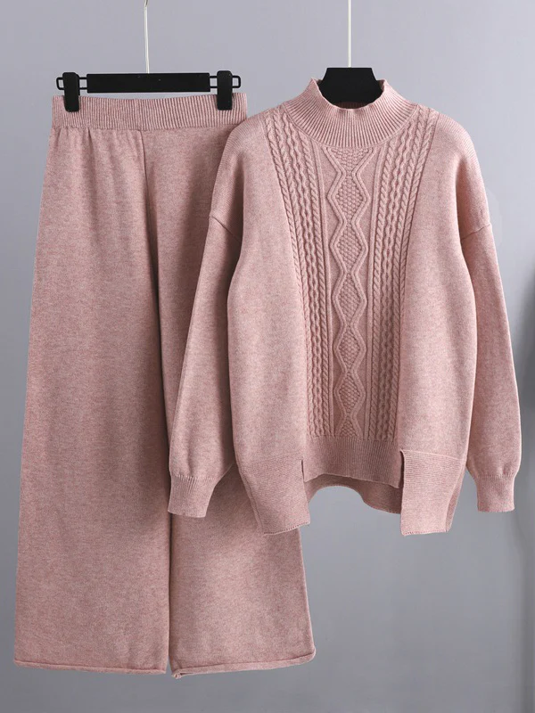 Urban Loose Split-Side Half Turtleneck Sweater Tops& Wide Leg Pants Two Pieces Set - Image 4