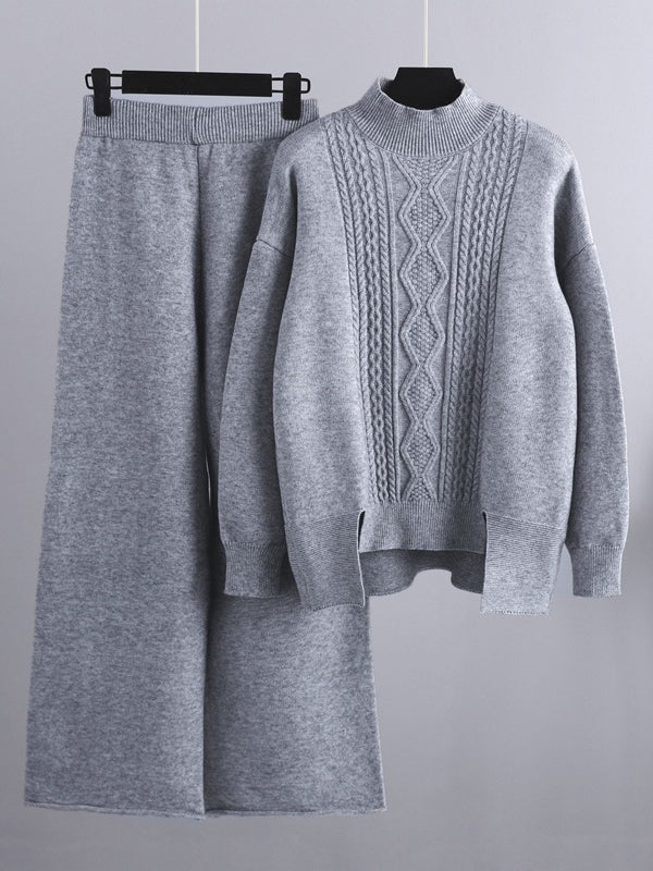 Urban Loose Split-Side Half Turtleneck Sweater Tops& Wide Leg Pants Two Pieces Set - Image 5