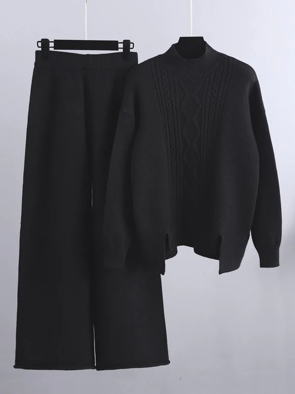 Urban Loose Split-Side Half Turtleneck Sweater Tops& Wide Leg Pants Two Pieces Set - Image 6