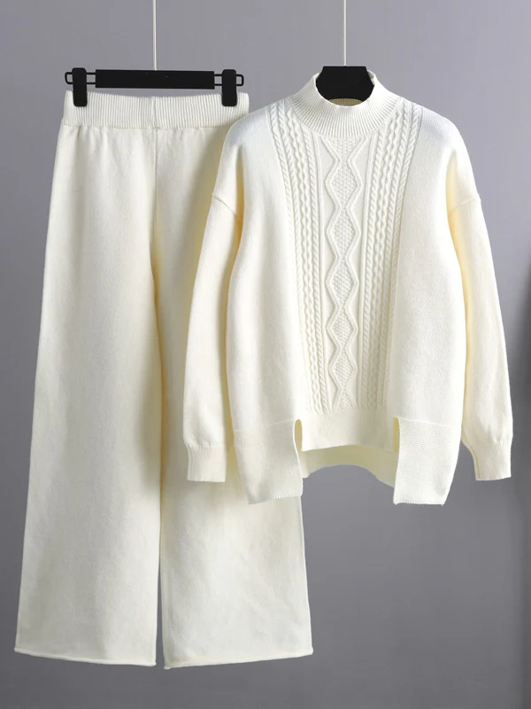 Urban Loose Split-Side Half Turtleneck Sweater Tops& Wide Leg Pants Two Pieces Set - Image 7