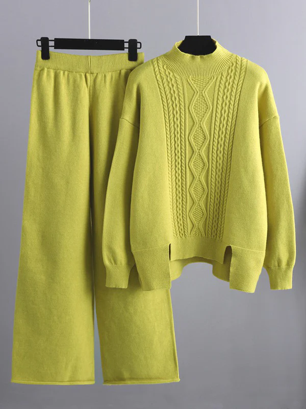 Urban Loose Split-Side Half Turtleneck Sweater Tops& Wide Leg Pants Two Pieces Set - Image 9