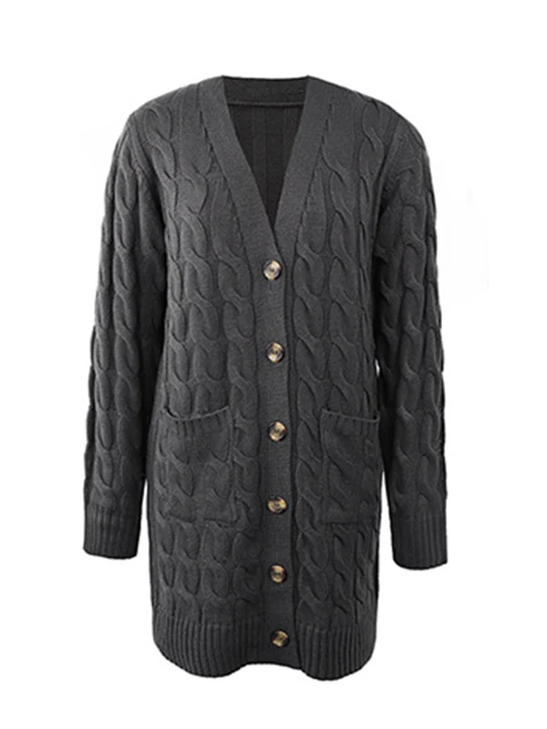 Urban Simple Loose Buttoned Solid Color Jacquard Cardigan Coat - Image 31