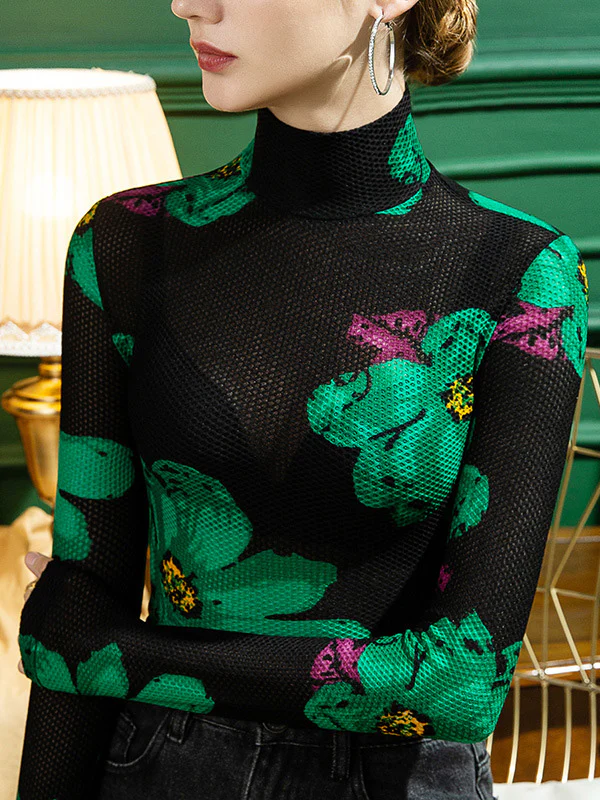 Urban Skinny Lace Printed Half Turtleneck T-Shirts Tops - Image 3