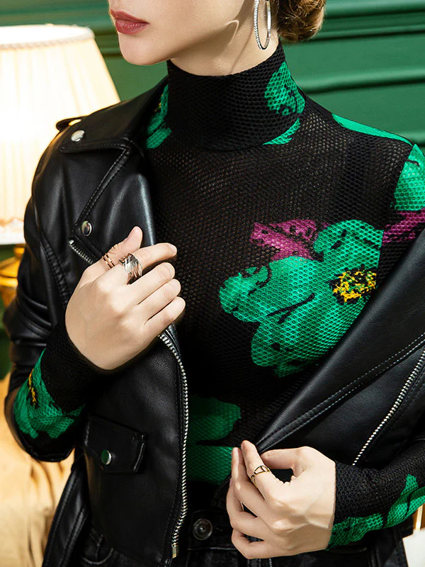 Urban Skinny Lace Printed Half Turtleneck T-Shirts Tops - Image 6