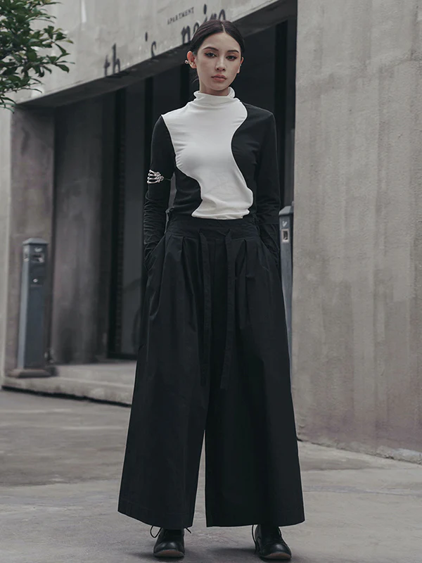 Urban Skinny Long Sleeves Contrast Color Asymmetric Split-Joint High-Neck T-Shirts Tops - Image 10