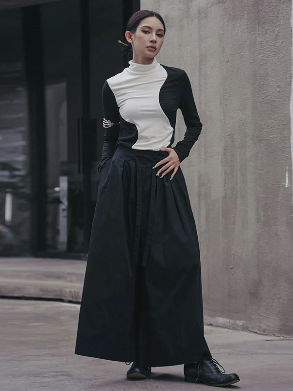 Urban Skinny Long Sleeves Contrast Color Asymmetric Split-Joint High-Neck T-Shirts Tops - Image 11