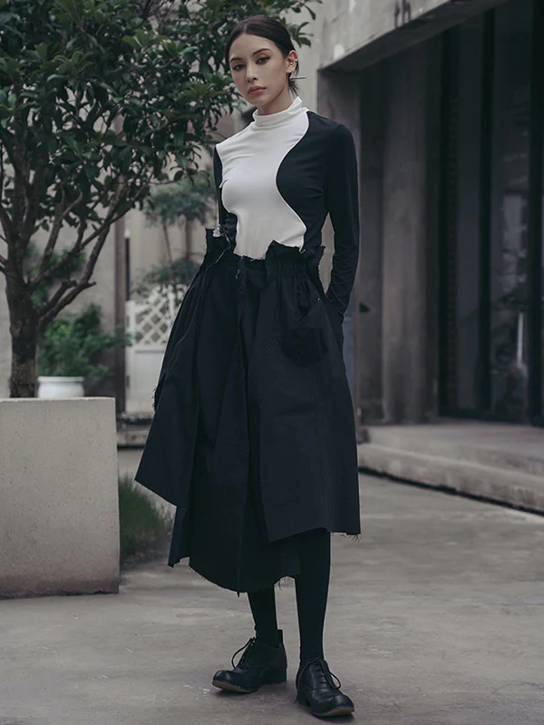 Urban Skinny Long Sleeves Contrast Color Asymmetric Split-Joint High-Neck T-Shirts Tops - Image 14