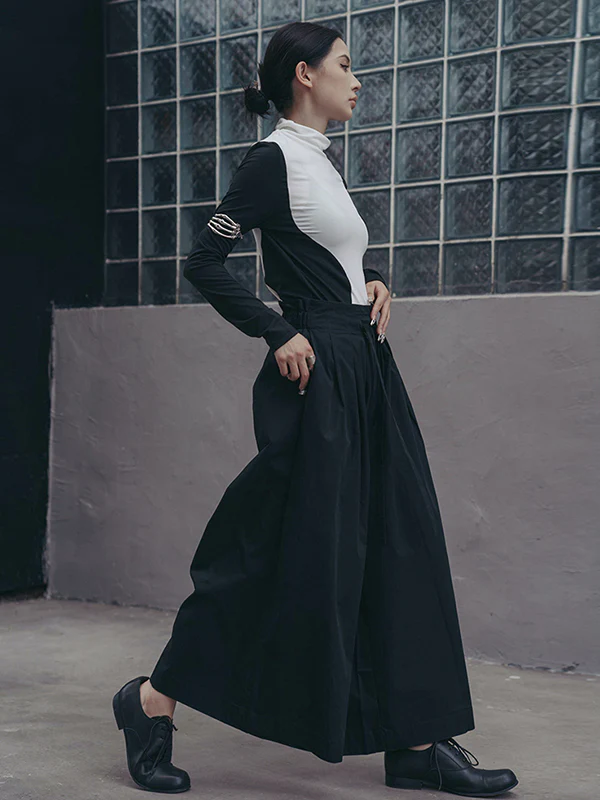 Urban Skinny Long Sleeves Contrast Color Asymmetric Split-Joint High-Neck T-Shirts Tops - Image 15