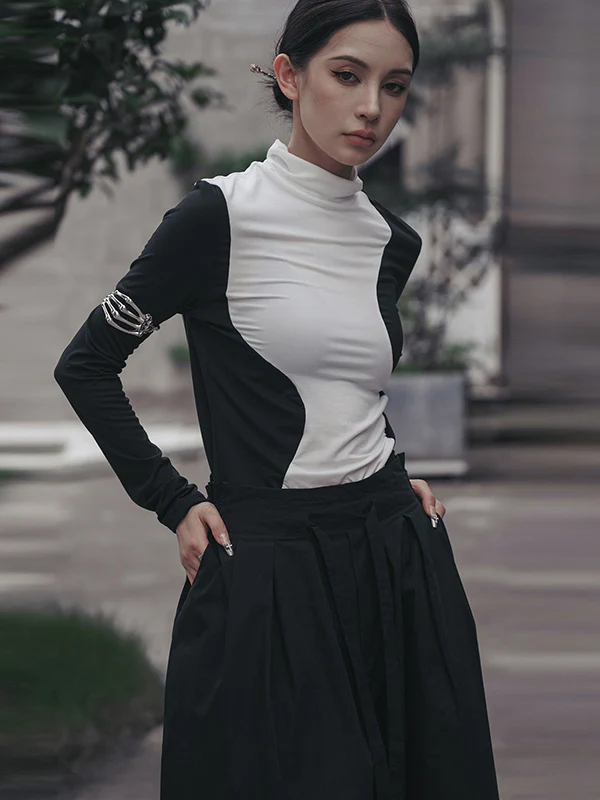 Urban Skinny Long Sleeves Contrast Color Asymmetric Split-Joint High-Neck T-Shirts Tops - Image 2
