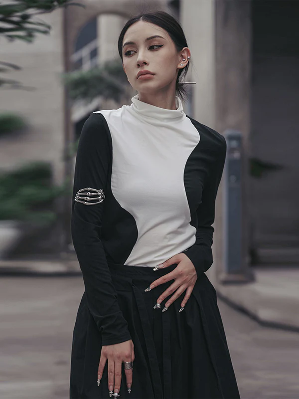 Urban Skinny Long Sleeves Contrast Color Asymmetric Split-Joint High-Neck T-Shirts Tops - Image 3
