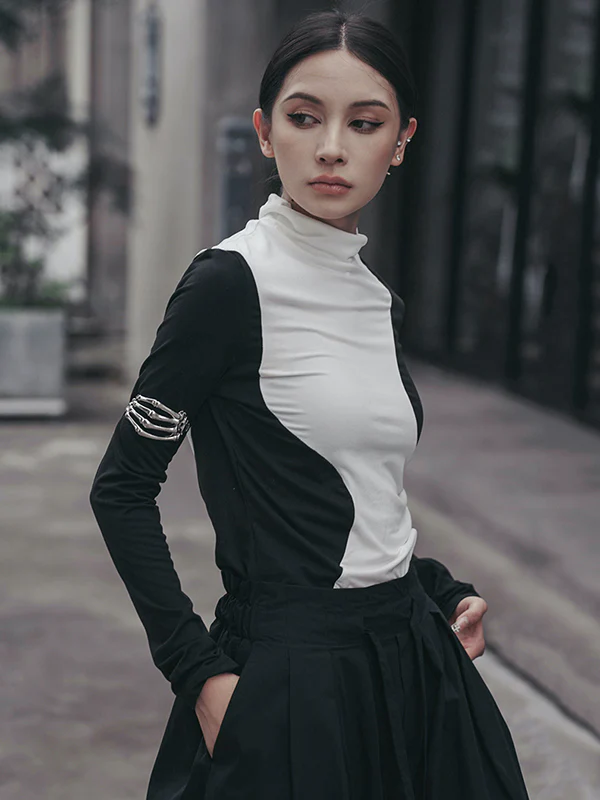 Urban Skinny Long Sleeves Contrast Color Asymmetric Split-Joint High-Neck T-Shirts Tops - Image 4