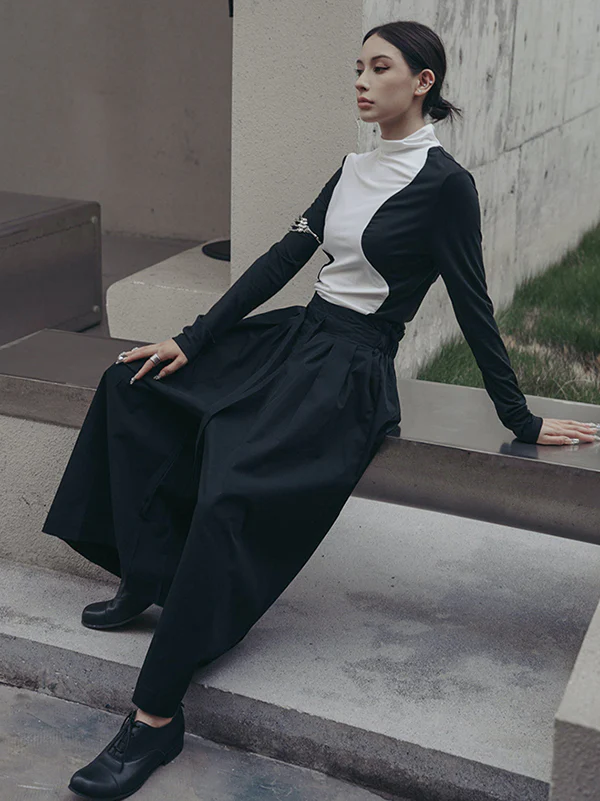 Urban Skinny Long Sleeves Contrast Color Asymmetric Split-Joint High-Neck T-Shirts Tops - Image 6