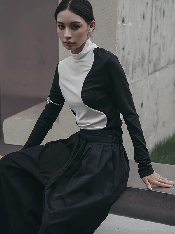 Urban Skinny Long Sleeves Contrast Color Asymmetric Split-Joint High-Neck T-Shirts Tops - Image 7