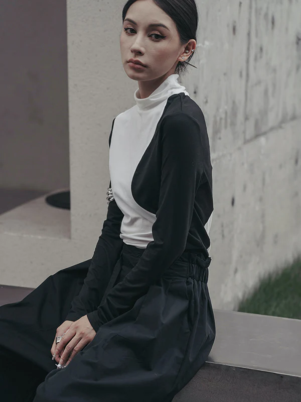 Urban Skinny Long Sleeves Contrast Color Asymmetric Split-Joint High-Neck T-Shirts Tops - Image 8