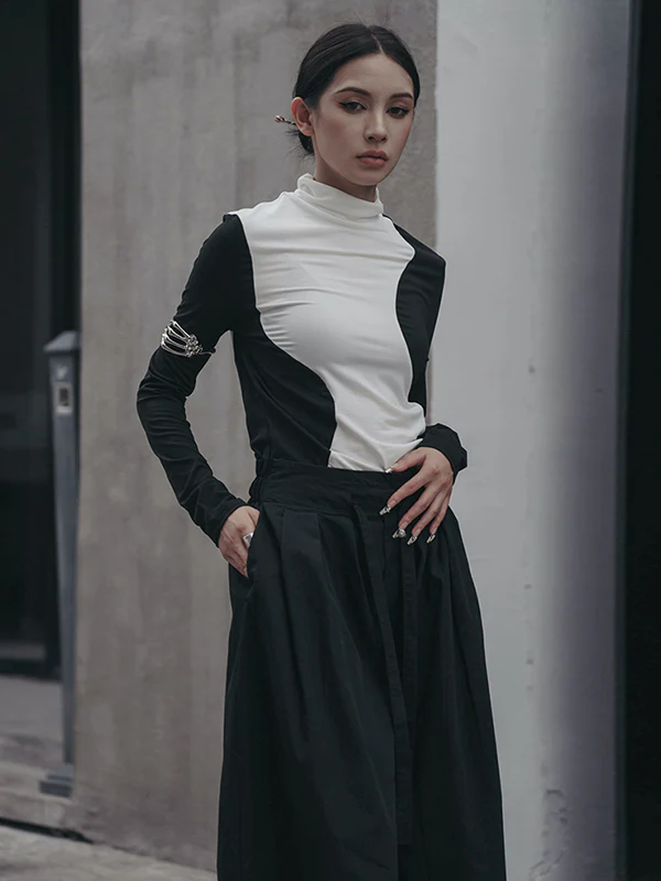 Urban Skinny Long Sleeves Contrast Color Asymmetric Split-Joint High-Neck T-Shirts Tops - Image 9