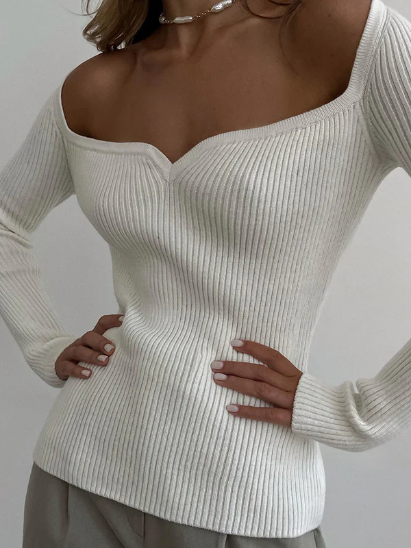 Urban Skinny Solid Color Square-Neck Sweater Tops - Image 16
