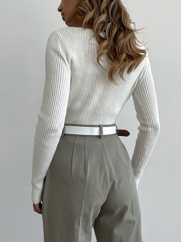 Urban Skinny Solid Color Square-Neck Sweater Tops - Image 17