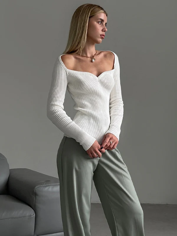 Urban Skinny Solid Color Square-Neck Sweater Tops - Image 18