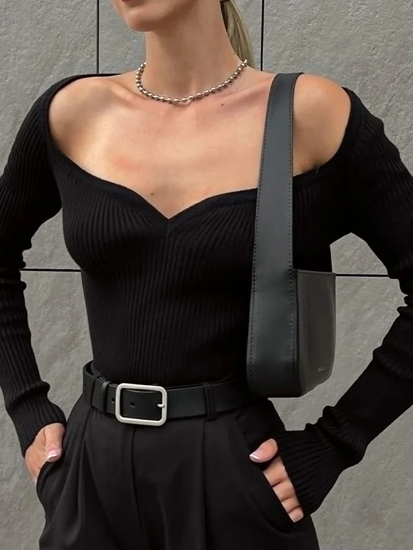 Urban Skinny Solid Color Square-Neck Sweater Tops - Image 3