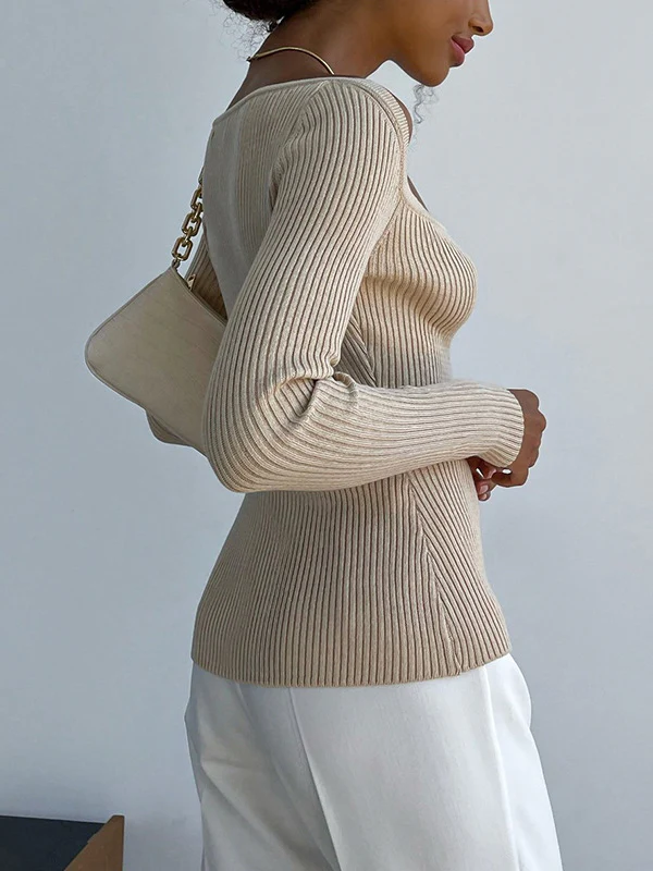 Urban Skinny Solid Color Square-Neck Sweater Tops - Image 9