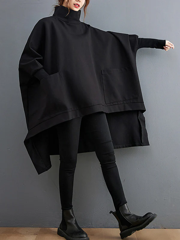 Urban Solid Color High-Neck High-Low Sweatshirt Top - Image 10