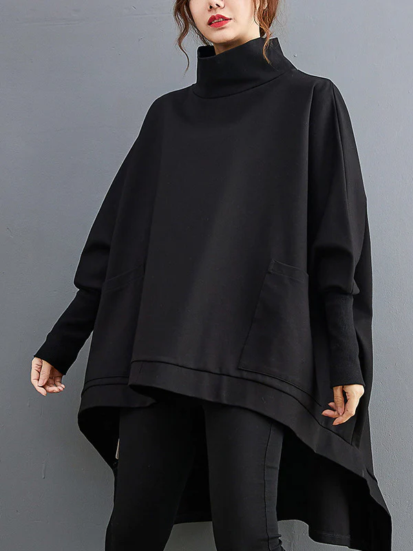 Urban Solid Color High-Neck High-Low Sweatshirt Top - Image 2