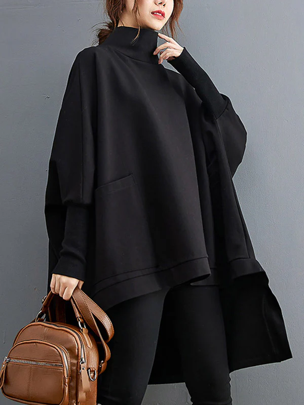 Urban Solid Color High-Neck High-Low Sweatshirt Top - Image 3