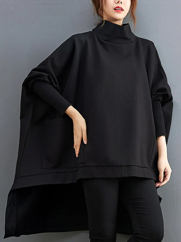Urban Solid Color High-Neck High-Low Sweatshirt Top - Image 4