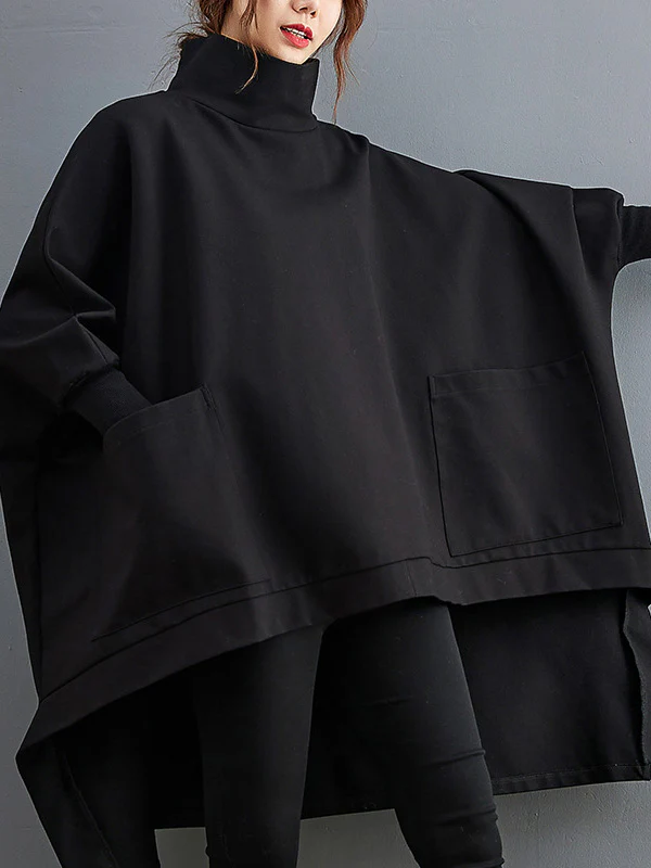 Urban Solid Color High-Neck High-Low Sweatshirt Top - Image 5