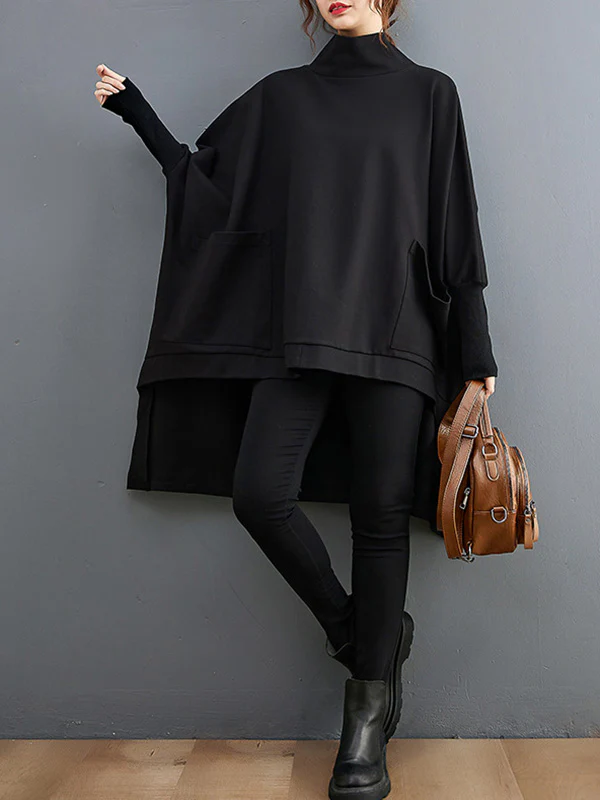 Urban Solid Color High-Neck High-Low Sweatshirt Top - Image 7