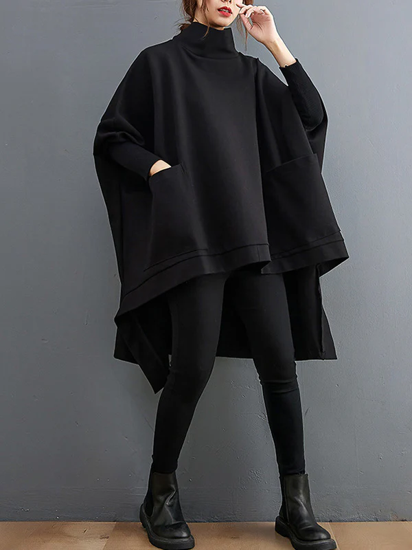 Urban Solid Color High-Neck High-Low Sweatshirt Top - Image 8