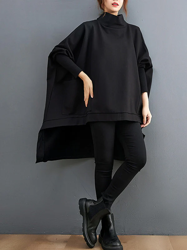 Urban Solid Color High-Neck High-Low Sweatshirt Top - Image 9