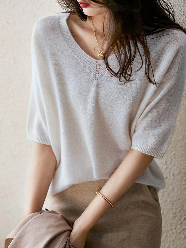 Urban Solid Color V-Neck Knitting Pullover - Image 2