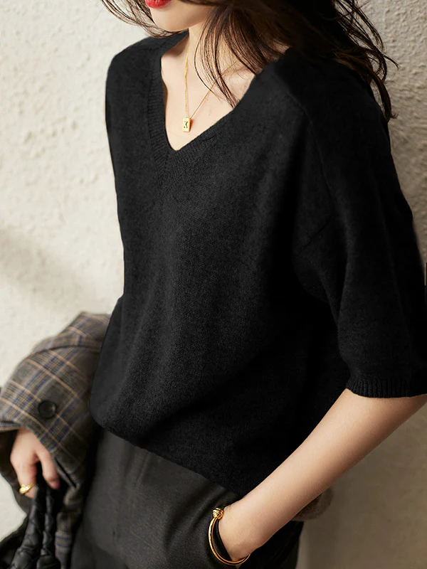 Urban Solid Color V-Neck Knitting Pullover - Image 3