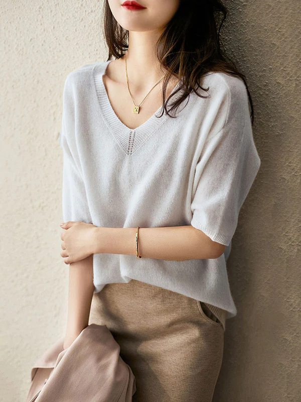 Urban Solid Color V-Neck Knitting Pullover - Image 8
