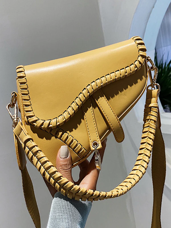 Urban Split-Joint Solid Color PU Shoulder Bag Saddle Bag - Image 10