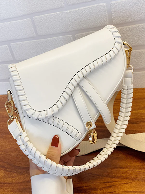 Urban Split-Joint Solid Color PU Shoulder Bag Saddle Bag - Image 11