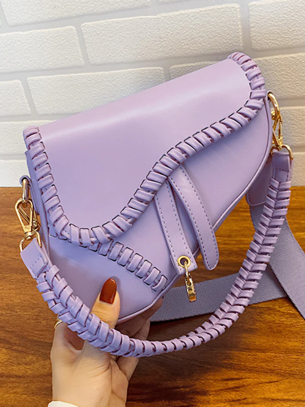 Urban Split-Joint Solid Color PU Shoulder Bag Saddle Bag - Image 12