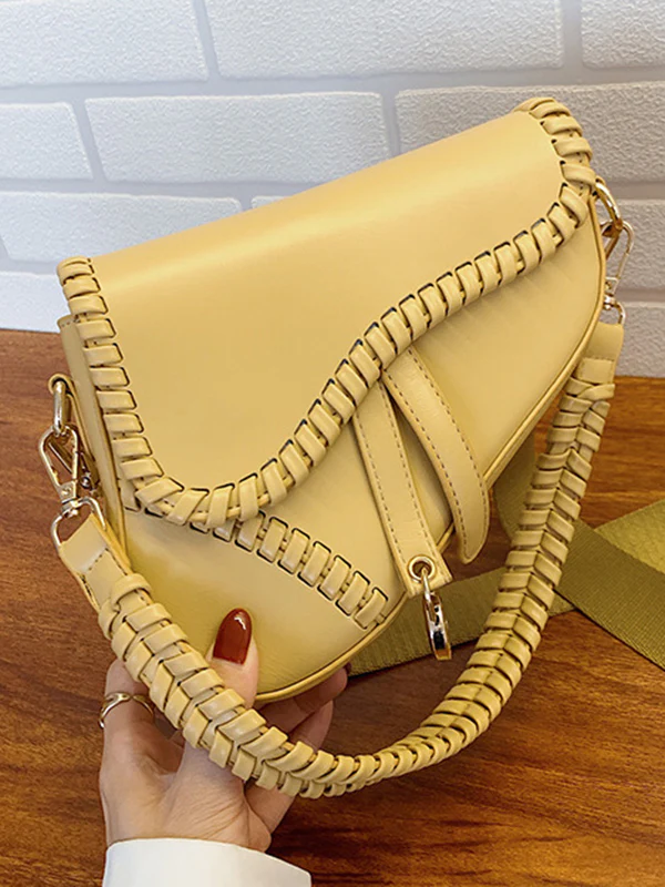 Urban Split-Joint Solid Color PU Shoulder Bag Saddle Bag - Image 13